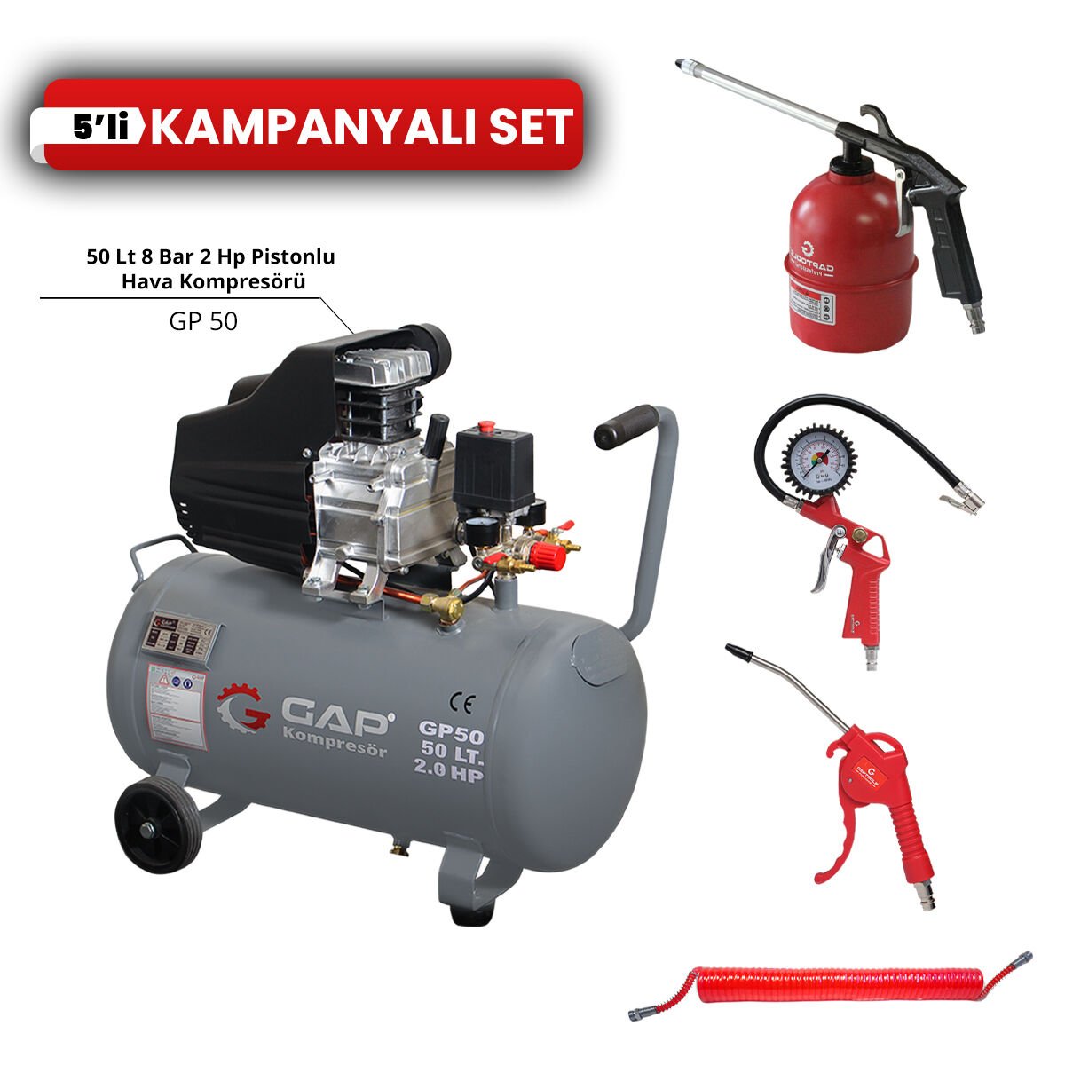 50 Lt  Pistonlu  Hava Kompresörü  5 Parça Havalı Set